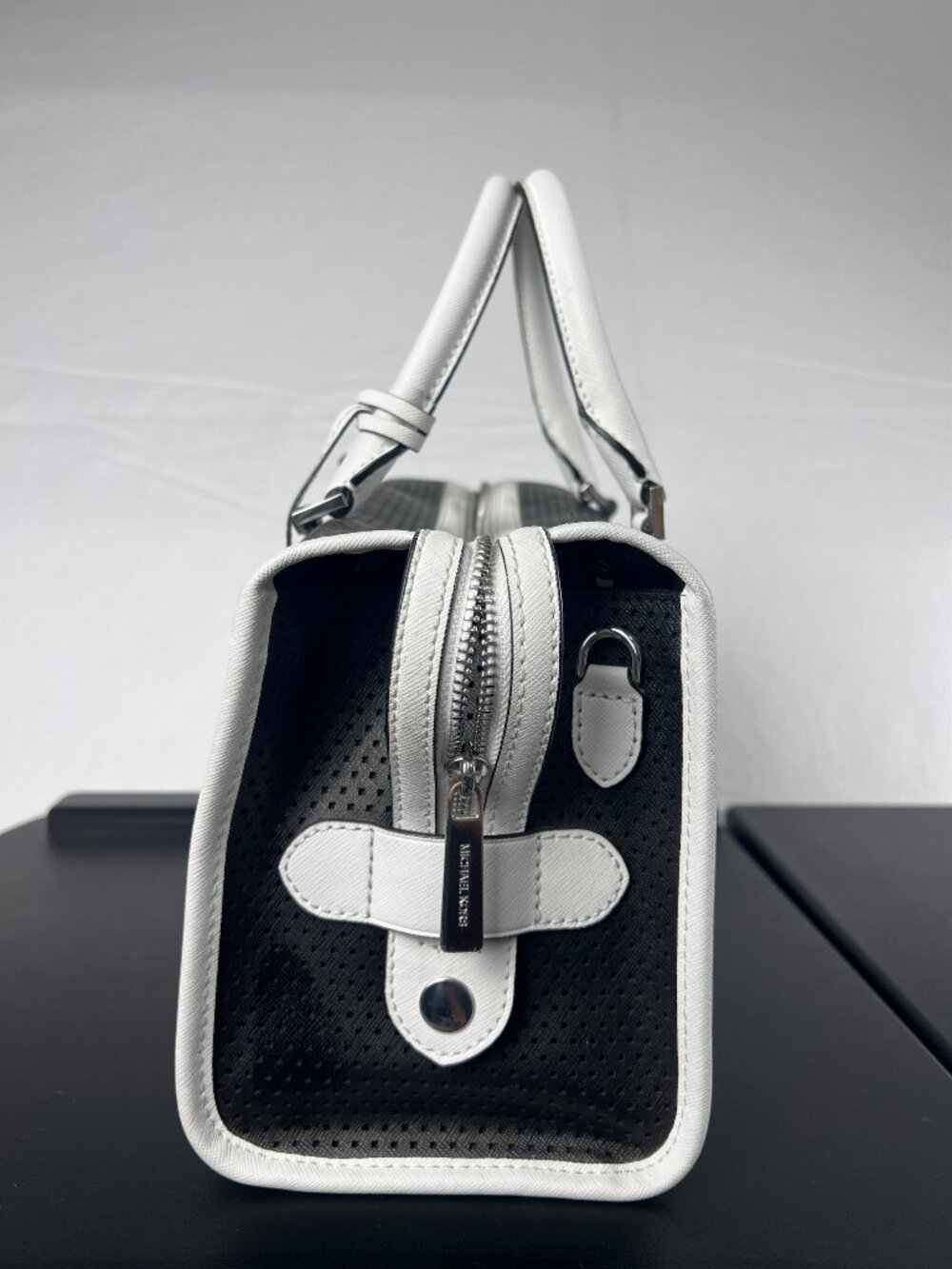 Michael Kors Black & White Perforated Leather Satchel Purse Silver Hardware - Picture 6 of 10